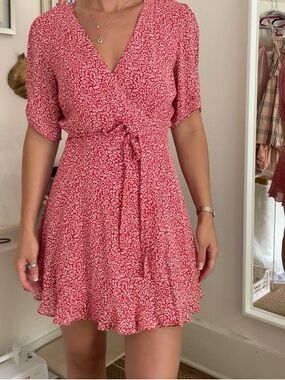 Reformation Monica Red Scribble Wrap Flounce Mini Short Dress Women’s Small S